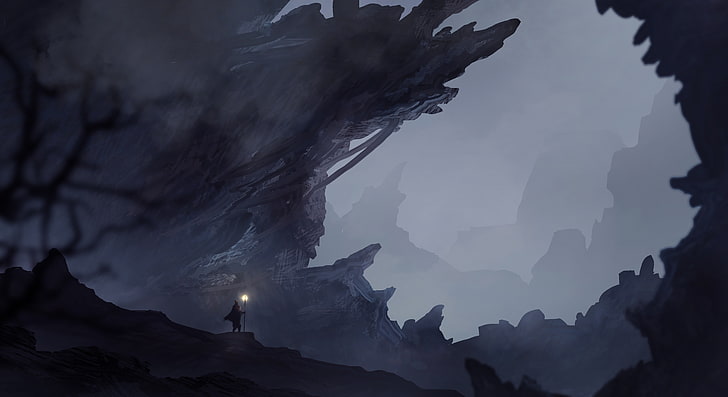 osoba trzymająca latarkę ilustracja, sztuka fantasy, światła, jaskinia, szary, czarny, Tapety HD