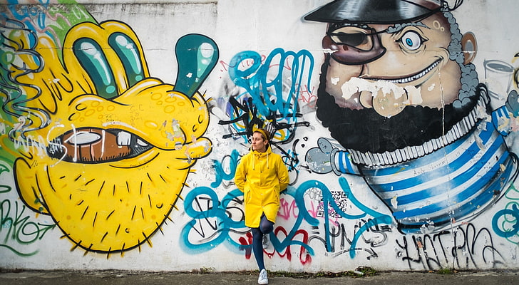 Graffiti Art on Walls, Artístico, Grafite, Menina, Amarelo, Mulher, Urbana, Dublin, Irlanda, Beleza, Modelo, Moda, Casaco, EmberandEarth, Rainwear, murales, capa de chuva, arte urbana, veruska, HD papel de parede