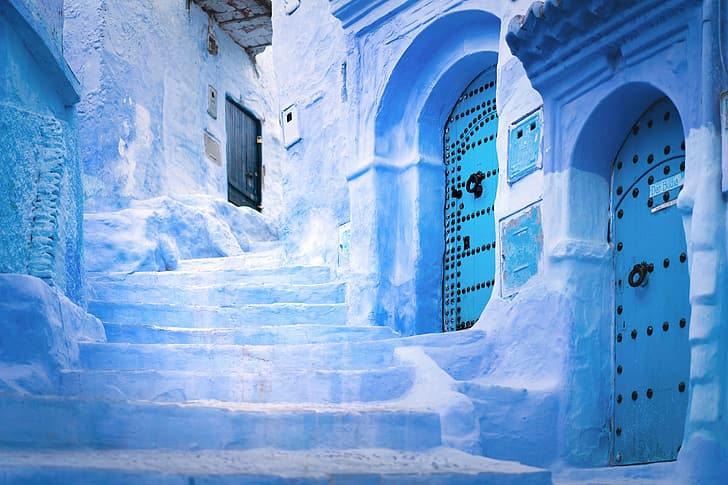 дверь, лестница, Марокко, Шефшауэн, Chefchaouene, синие стены, HD обои
