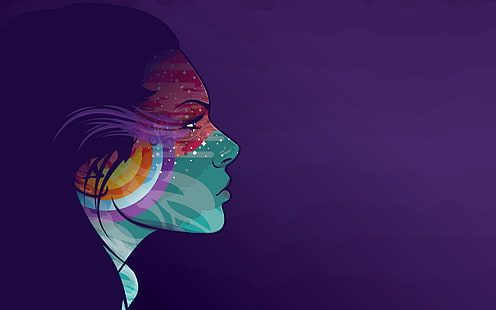 Visage violet coloré abstrait HD, illustration turquoise-rouge et violet de la femme, abstrait, numérique / illustration, violet, coloré, visage, Fond d'écran HD HD wallpaper