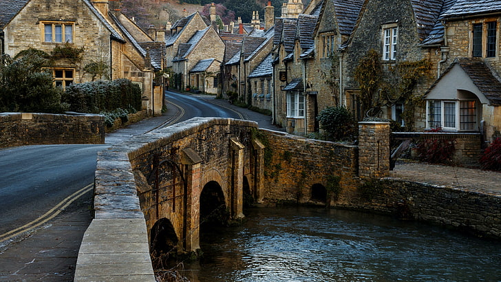 sky, historical, village, building, historic site, bank, facade, medieval architecture, tree, river, castle combe, middle ages, stone bridge, town, bridge, water, waterway, countryside, europe, united kingdom, HD wallpaper