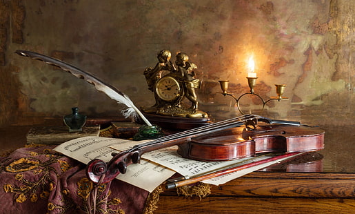 note, penna, violino, orologio, candela, inchiostro, Sfondo HD HD wallpaper