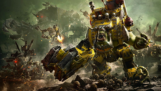 цифровые обои желтого игрового персонажа, Warhammer 40K, Dawn of War III, фракция орков, 4K, 8K, HD обои HD wallpaper