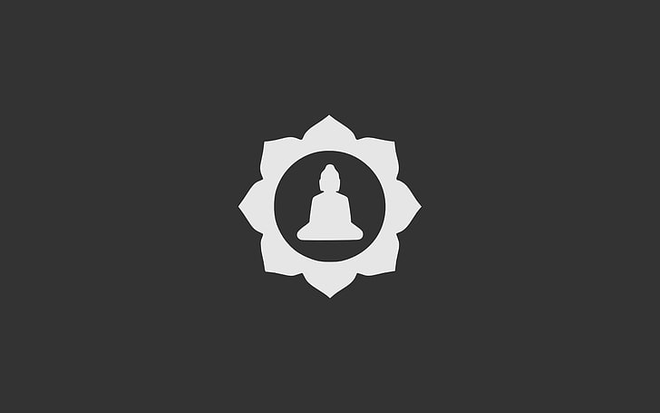 бяло изображение на Буда, минимализъм, сиво, медитация, будизъм, лотосови цветя, HD тапет