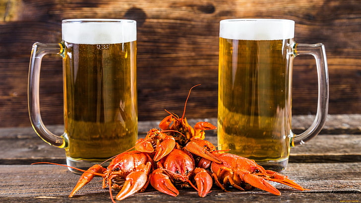 beer, seafood, drinking glass, alcohol, HD wallpaper