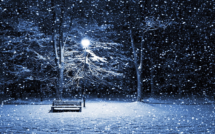brązowa drewniana ławka, zima, śnieg, ławka, drzewa, latarnia, noc, park, Tapety HD