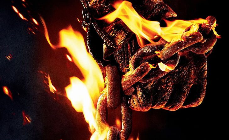 Ghost Rider Spirit of Vengeance, person holding flaming chain digital wallpaper, Movies, Other Movies, Chain, Fire, Film, 2012, ghost rider, spirit of vengeance, HD wallpaper