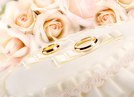 two gold-colored wedding rings, rings, wedding, gold, glitter, fabric, flower, rose, HD wallpaper HD wallpaper