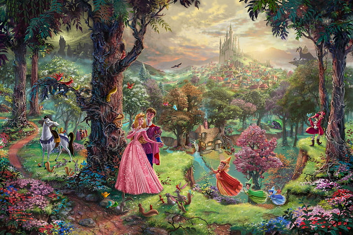 Disney Aurora with Prince wallpaper, floresta, árvores, parque, castelo, dragão, desenho animado, casa, conto, pintura, arte, personagens, Thomas Kinkade, Walt Disney, filme animado, Bela Adormecida, HD papel de parede