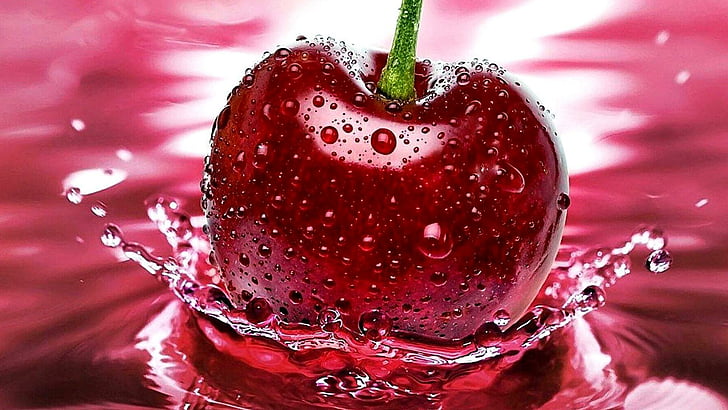 fresh, cherry, splash, water, water drops, droplets, fruit, vitamin, photography, macro photography, drop, HD wallpaper