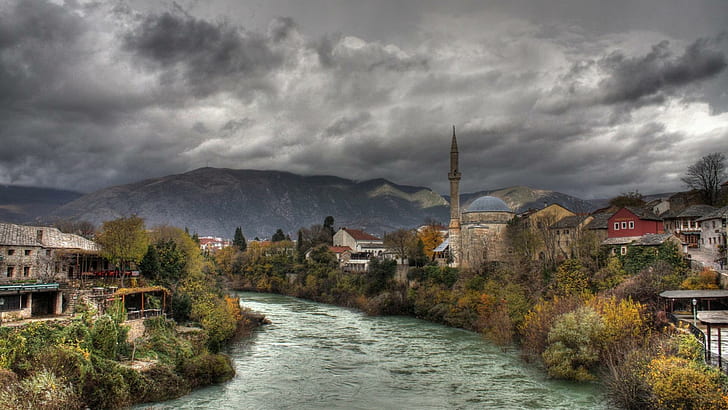 River Through A Muslim Town, town, river, mountains, mosque, nature and landscapes, HD wallpaper