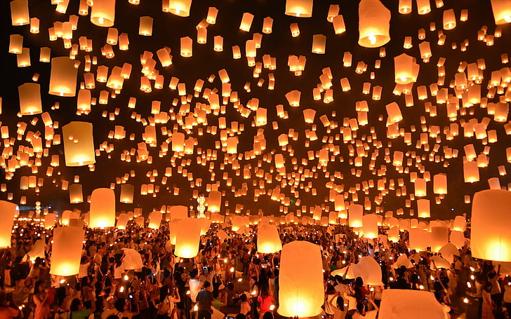 white sky lanterns, Thailand, Festival, Lanterns, Floating, HD wallpaper
