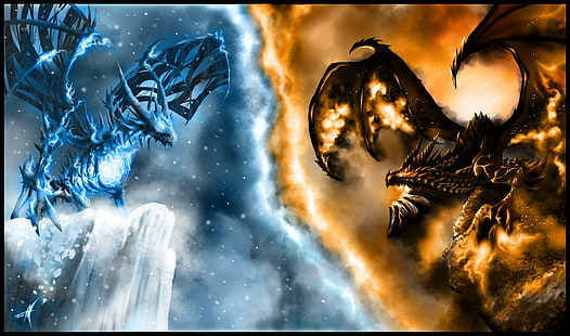 Warcraft ejderha dünyası, ateş ve buz ejderha posteri, World, warcraft ejderha, dünya, ateş, HD masaüstü duvar kağıdı HD wallpaper