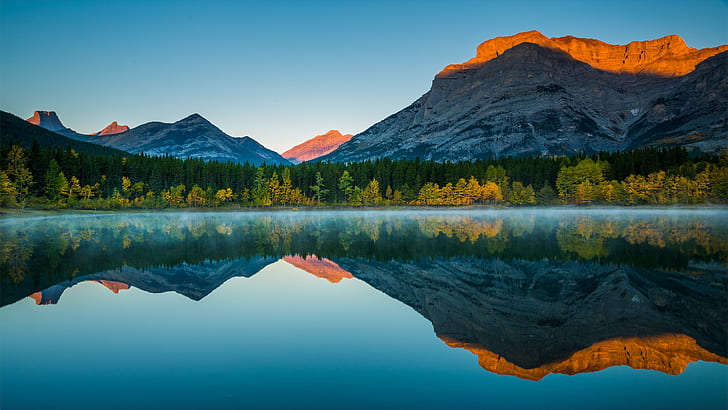 reflection, nature, wilderness, lake, reflected, mountain, sky, water, autumn, morning, mountain lake, landscape, 8k uhd, 8k, dawn, 8kuhd, HD wallpaper