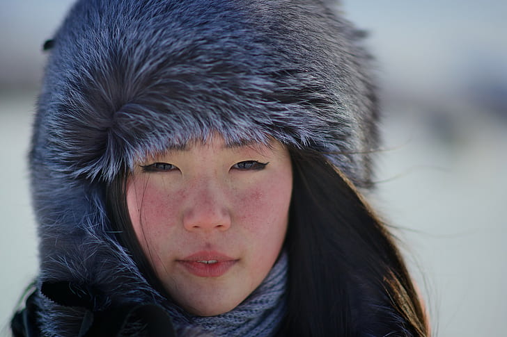 Sakha, women, Asian, brunette, fur cap, scarf, winter, HD wallpaper