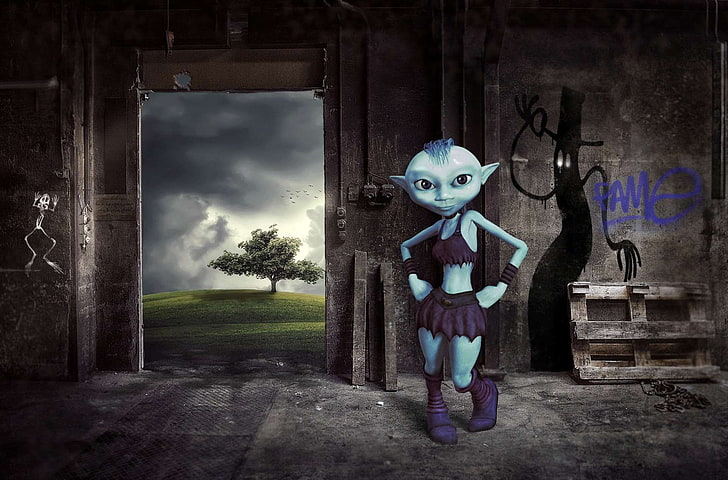 ailing, atmosphere, big eyes, comic, composing, creepy, dirty, door, fantasy, fantasy picture, figure, gloomy, gnome, graffiti, leave, mood, mystical, old building, space, weird, HD wallpaper