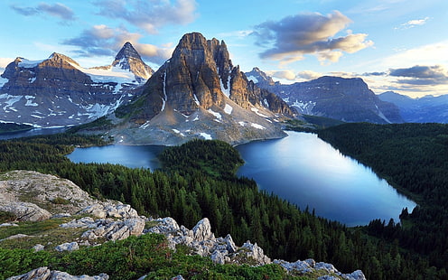 планинска и борова гора пейзажна фотография, планини, езеро, гора, природа, HD тапет HD wallpaper