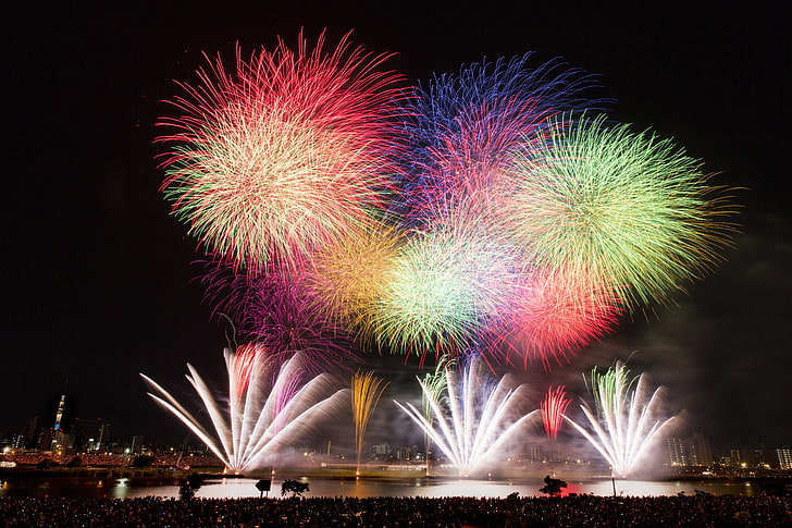 Япония, фестиваль фейерверков, красочный, Город, HD обои