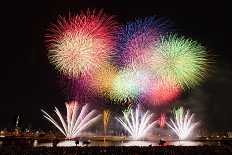giappone, festival di fuochi d'artificio, colorato, città, Sfondo HD HD wallpaper