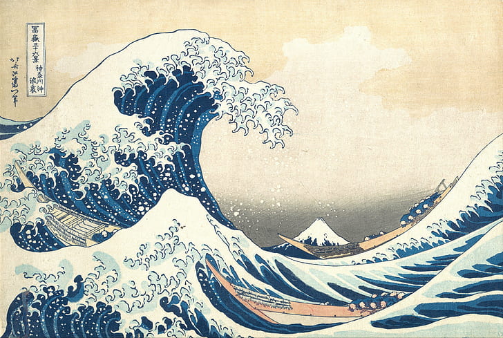 opera d'arte, barca, giappone, pittura, mare, la grande onda al largo di Kanagawa, onde, Sfondo HD