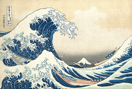 grafika, łódź, Japonia, malarstwo, morze, Wielka fala z Kanagawy, fale, Tapety HD HD wallpaper
