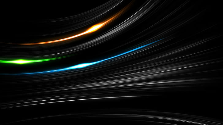 minimalisme, fond noir, art numérique, résumé, lignes, incandescent, orange, bleu, vert, faisceau, coloration sélective, formes, lignes ondulées, Fond d'écran HD