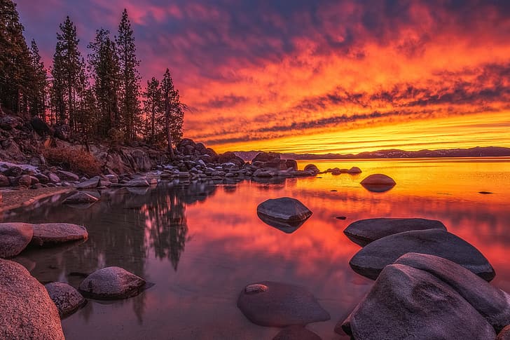 Bäume, Sonnenuntergang, See, Steine, Nevada, Lake Tahoe, HD-Hintergrundbild