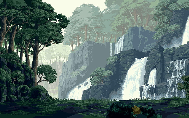 waterfalls game graphic wallpaper, pixel art, forest, waterfall, artwork, digital art, turtle, trees, nature, pixels, HD wallpaper