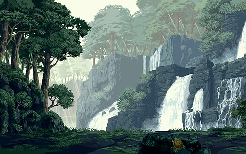 водопади игра графичен тапет, пикселно изкуство, гора, водопад, произведения на изкуството, цифрово изкуство, костенурка, дървета, природа, пиксели, HD тапет HD wallpaper
