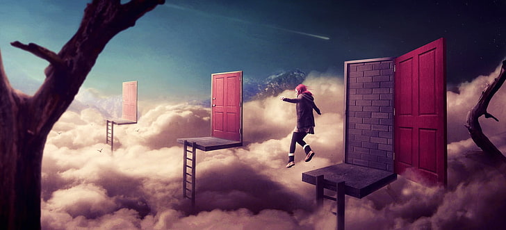 woman jumping on skies with three close wooden doors wallpaper, fantasy art, surreal, jumping, door, ladders, trees, HD wallpaper