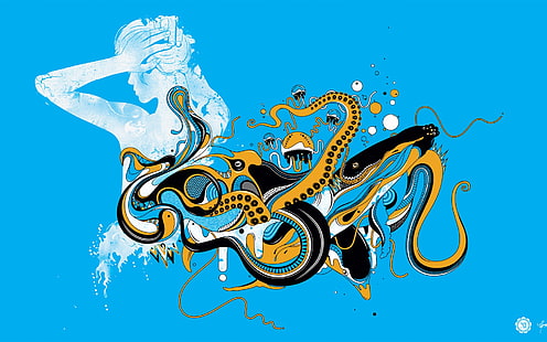 Conception de vecteur, fille, poulpe, fond bleu, art abstrait bleu jaune et noir, vecteur, conception, fille, poulpe, bleu, fond, Fond d'écran HD HD wallpaper