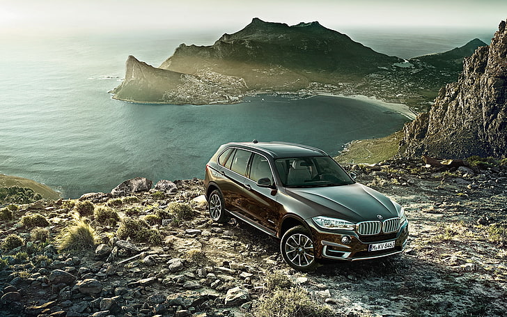 BMW X5 SUV preto, bmw x5, novidade, bmw, carros, montanhas, vista lateral, HD papel de parede