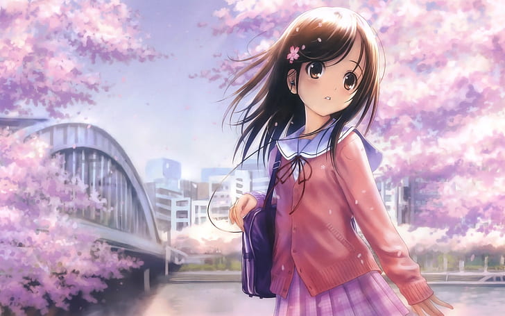 anime mata coklat Goto P Anime Seni HD Lainnya, anime, gadis, imut, mata cokelat, rambut cokelat, bunga sakura, Wallpaper HD