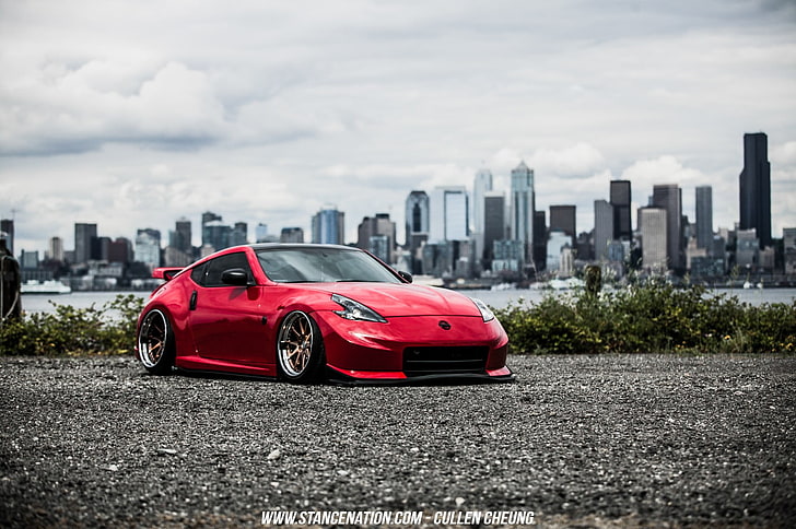 red Nissan 370z coupe, Nissan, Nissan 350Z, Stance, Stanceworks, StanceNation, red cars, HD wallpaper