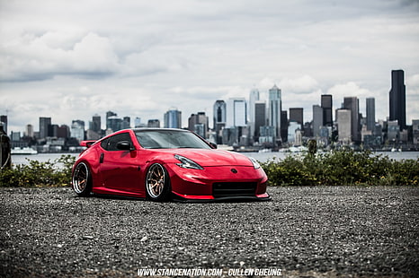 red Nissan 370z coupe, Nissan, Nissan 350Z, Stance, Stanceworks, StanceNation, red cars, HD wallpaper HD wallpaper