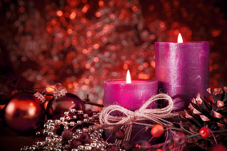 purple candles, balls, decoration, holiday, New Year, Christmas, HD wallpaper