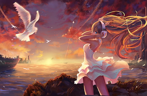 шатенка женский аниме персонаж, аниме девушки, пейзаж, живопись, два хвостика, Vocaloid, Hatsune Miku, наушники, голубь, белое платье, блондинка, аниме, ветрено, море, птицы, небо, платье, длинные волосы, HD обои HD wallpaper