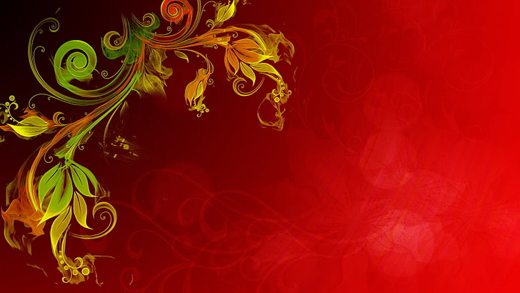червен и зелен флорален фон дизайн, огън, ефект, фон, растение, отблясъци, HD тапет