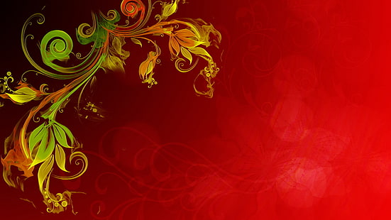 червен и зелен флорален фон дизайн, огън, ефект, фон, растение, отблясъци, HD тапет HD wallpaper