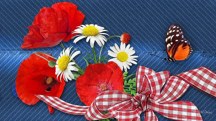 Blue Jeans Summer, 3 white daisy flowers with brown-orange butterfly, gingham, ribbon, papillon, poppies, bright, butterfly, flowers, daisies, ripped, fabric, checked, HD wallpaper