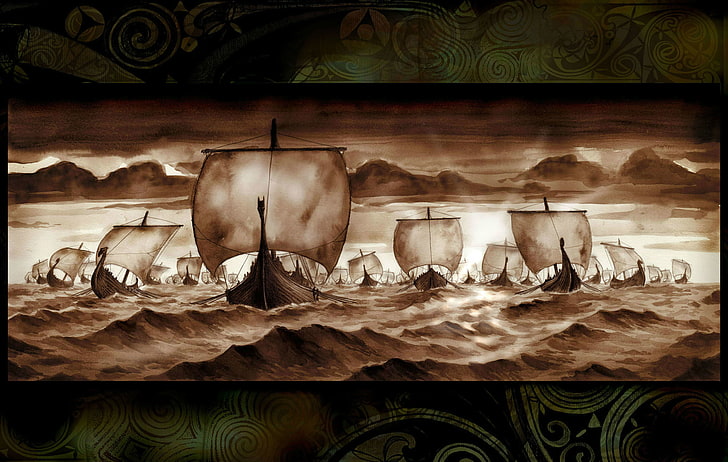 pittura di barche a vela, vichinghi, nave, Drakkar, Sfondo HD