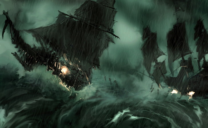 Ships On Storm, два черных корабля галеона на водоеме ночью во время шторма цифровые обои, художественные, фэнтези, шторм, корабли, HD обои