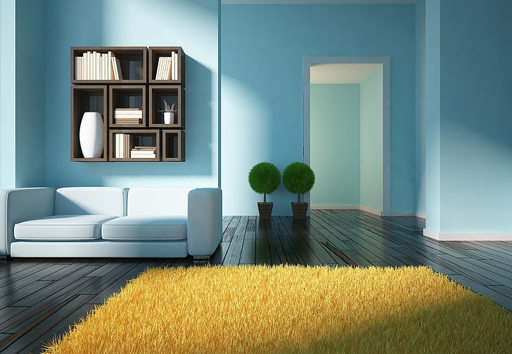 Habitación, interior, superficie de madera, alfombras, minimalismo, estantería, diseño 3d, Fondo de pantalla HD
