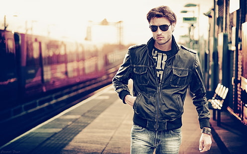 men's black leather full-zip jacket, guy, jacket, sunglasses, city, street, HD wallpaper HD wallpaper