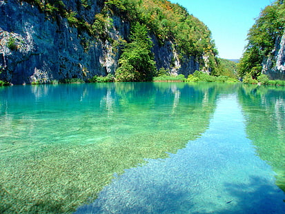 body of water and green trees, plitvice lakes, croatia, lake, park, mountain, HD wallpaper HD wallpaper