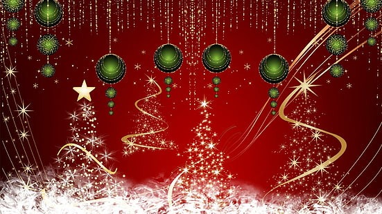 Vintage Christmas Deluxe, decorations, ribbon, stars, christmas, green balls, feliz navidad, sparkle, trees, gold, stream, HD wallpaper HD wallpaper