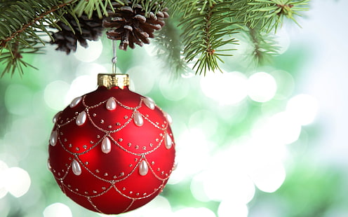 rote Kugel, Neujahr, Schnee, Weihnachtsschmuck, Zapfen, Bokeh, Blätter, HD-Hintergrundbild HD wallpaper