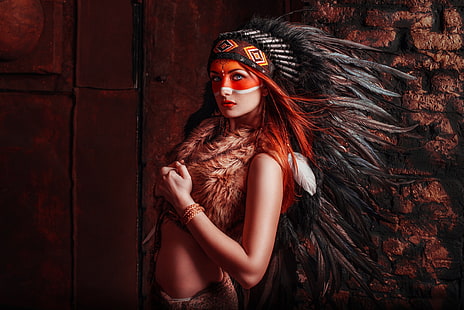 краска для лица, индейская одежда, перья, рыжая, женщины, Илья Новицкий, культурное присвоение, HD обои HD wallpaper