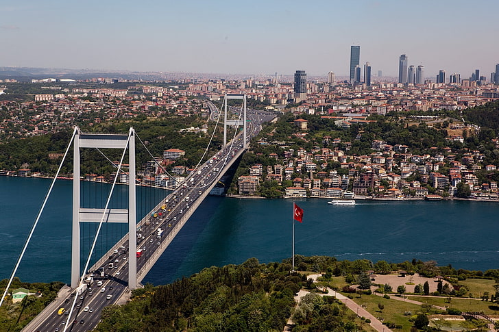 Босфор, мост, град, градски пейзаж, мост на Фатих Султан Мехмет, Истанбул, природа, пуйка, HD тапет