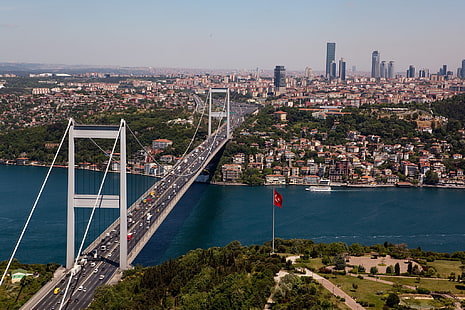 Bosfor, most, miasto, pejzaż, Fatih Sultan Mehmet Bridge, Istambuł, przyroda, Turcja, Tapety HD HD wallpaper